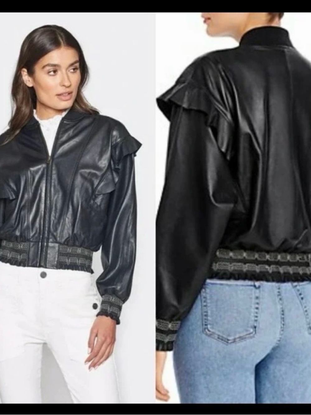 Joie Black Ruffle-Shoulder Leather Bomber Jacket XS